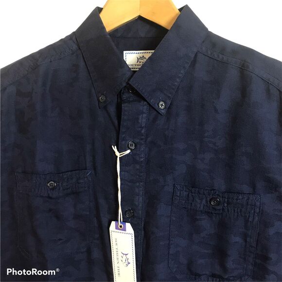 Southern Tide SS Dock Camo Sport Shirt M Button Up True Navy Lyocell Pockets $99 - Picture 3 of 5